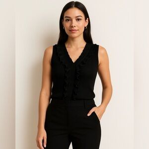 Sioni Black Sleeveless Ruffle Front Ribbed Knit Top Women’s Size S
